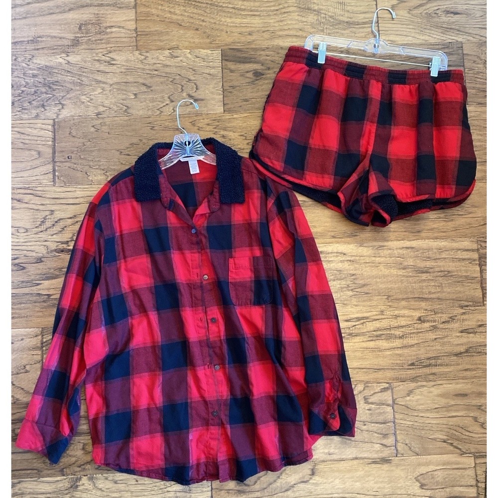 Victoria's Secret Red Black Plaid Flannel Pajama Set XL Fleece Lined Shorts